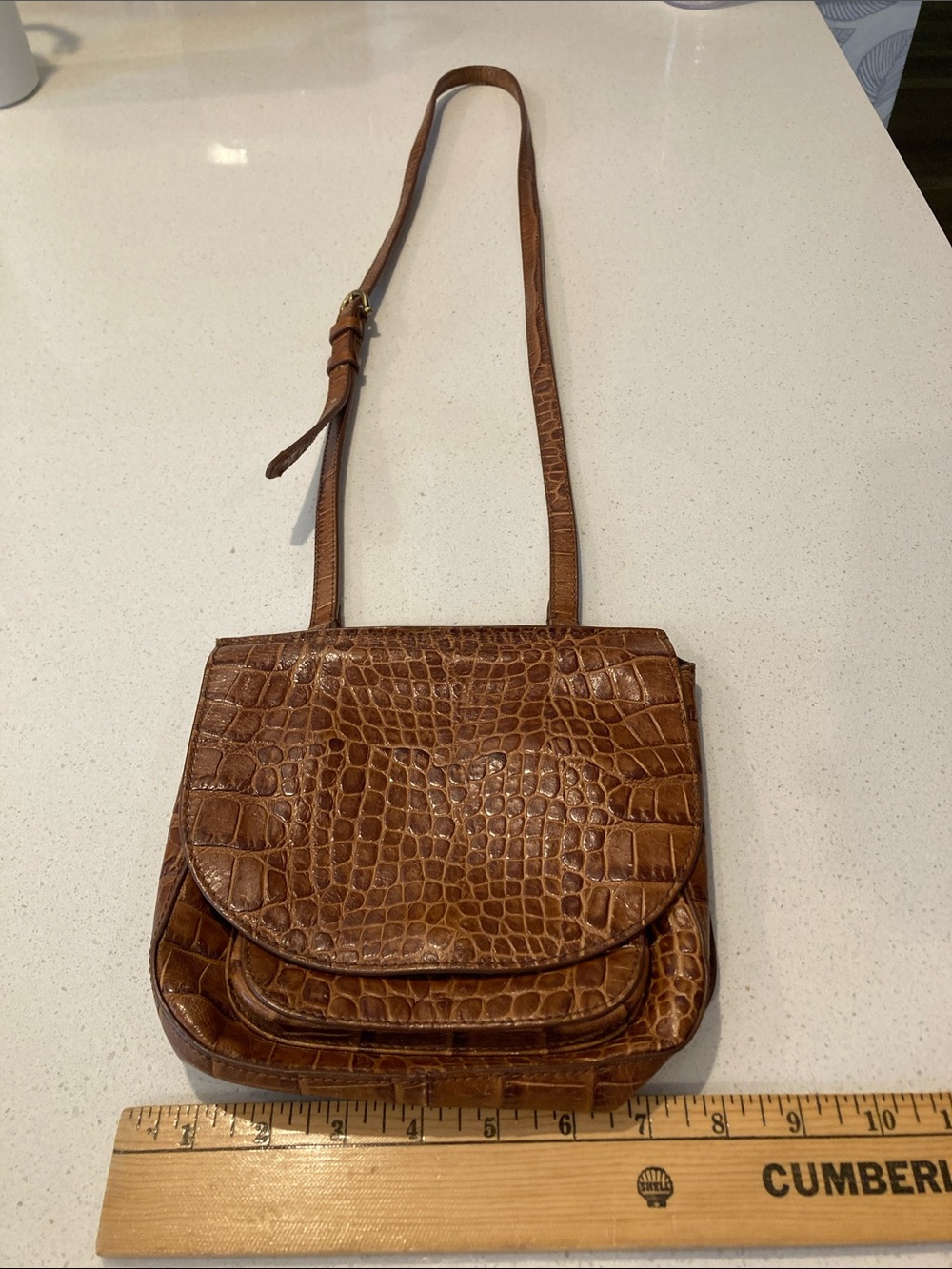 Etienne Aigner Vintage Croc-Embossed Tan Leather Crossbody Bag